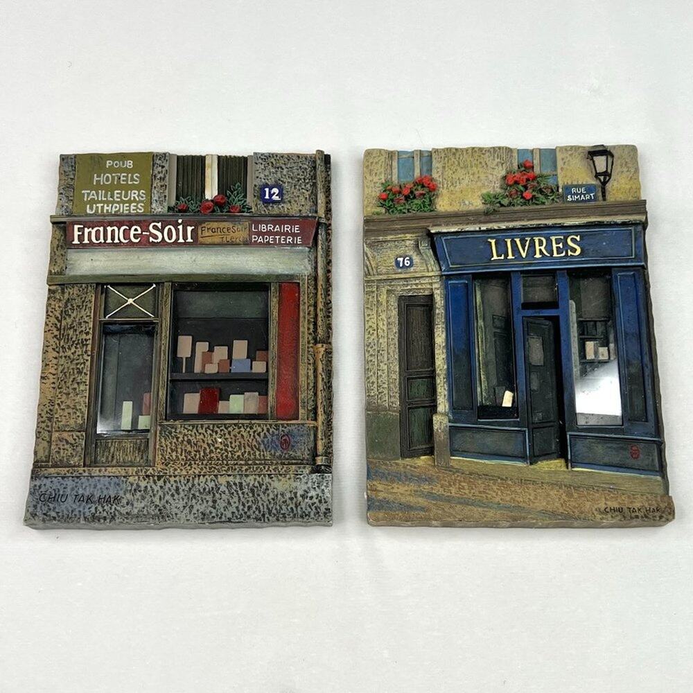 Set of Two Chiu Tak Hak French 3D Wall Plaques Librairie Livres